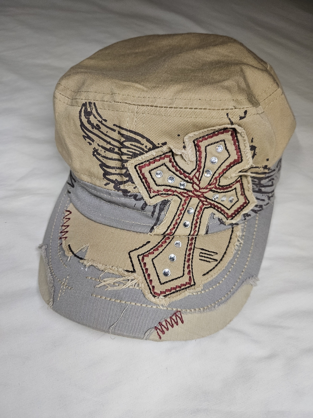 VTG Leader Khaki Gray Army Cap Religious Cross Graphic Y2K Rhinestone Cadet Hat